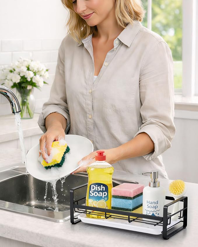 HULISEN Large Kitchen Sponge Holder, 304 Stainless Steel Sink Caddy, Black | Removable Drain Tray, Holds Sponges Soap Bottles Brushes, Countertop Storage, No Dispenser or Brush - Image 3
