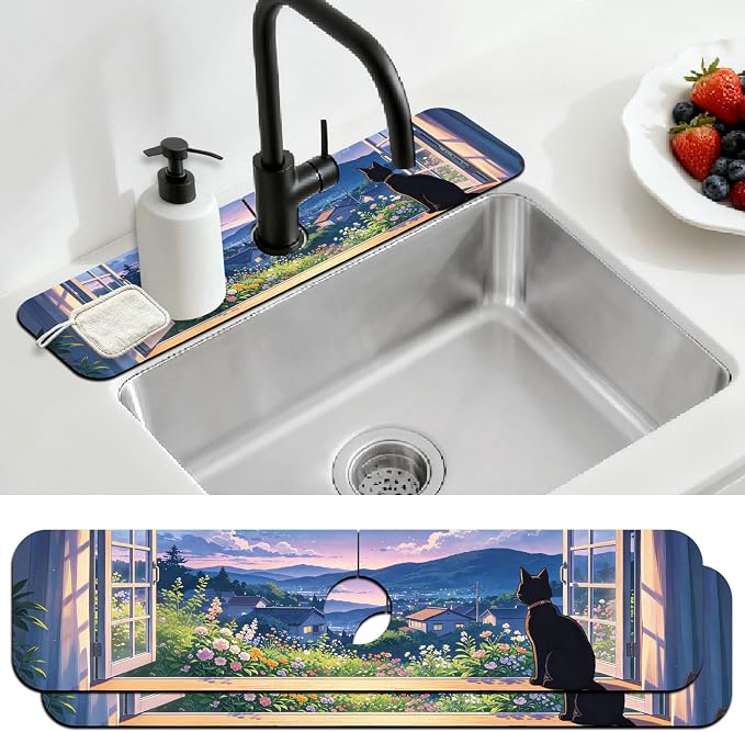 2 Pcs Kitchen Sink Splash Guard Faucet Mat Windowsill Cat Pattern Faucet Mat for Sinks Flower Absorbing Drying Mats for Kitchen Bathroom by CONCHLERY%E6%97%97%E8%88%B0%E5%BA%97