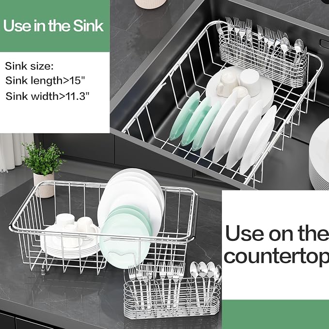Fanbsy Large Dish Drainer Rack in Sink Adjustable, Expandable 304 Stainless Steel Metal Dish Drying Rack Organizer with Stainless Steel Utensil Holder Over Inside Sink Counter, Rustproof - Image 5