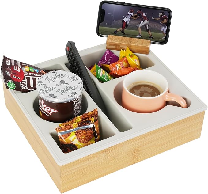 Couch Cup Holder Tray, Handy Silicone Bamboo Couch Caddy with Rotatable Phone Holder for Bed Car Seat Organizer, Waterproof Anti-Spill Sofa Cup Holder for Snacks Beverage Remote (White) by Hitseon