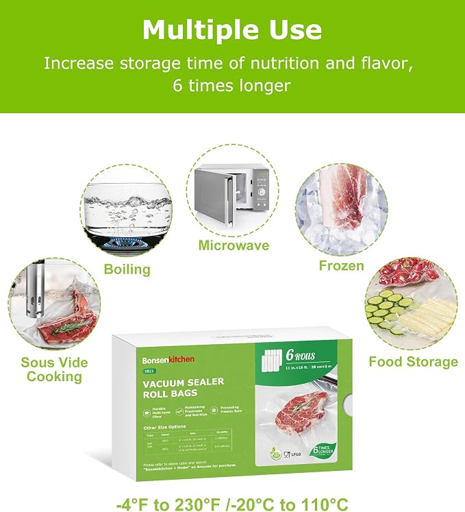 Bonsenkitchen 6 Rolls 11" x 16' Vacuum Sealer Bags for Food with Color Box | Commercial Grade, Food Storage or Sous Vide, Heavy Duty Vacuum Sealer Bags Rolls,BPA-free & Food-Grade Safe Material, VB21 - Image 6