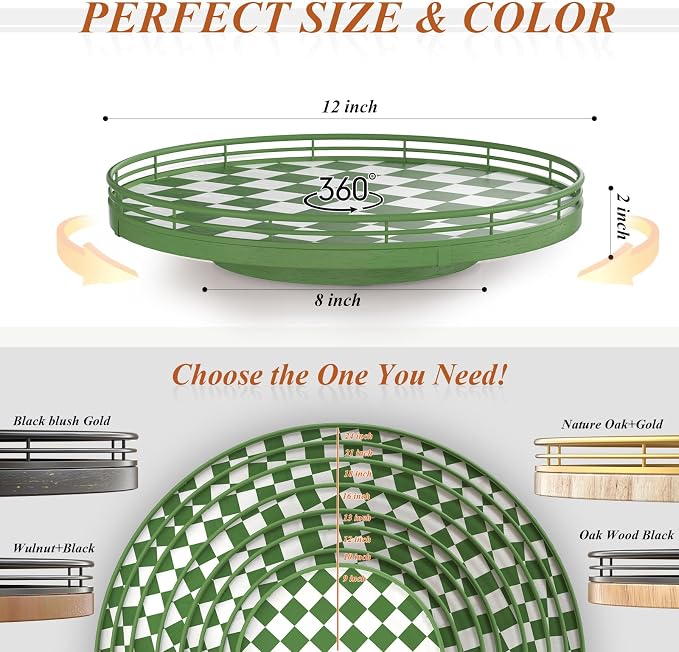 AMH 12-Inch Green and White Checkerboard Lazy Susan with Rubberwood Base | Smooth rotating oak tray with walnut finish for dining tables, kitchen counters, pantries and cabinet storage. - Image 6