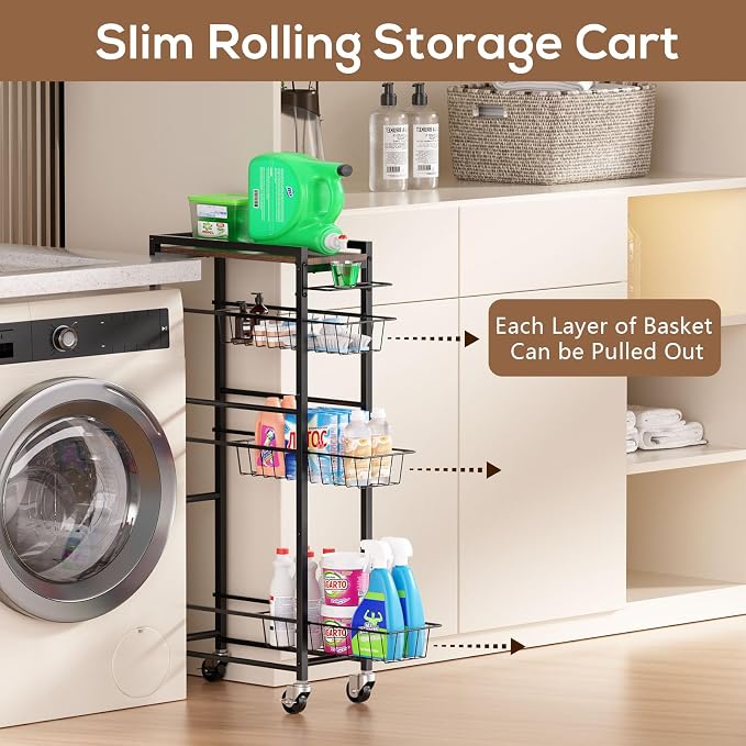 4 Tier Slim Rolling Storage Cart with Pull-Out Baskets, Narrow Sliding Storage Slim Laundry Rolling Cart Between Washer and Dryer - Image 2