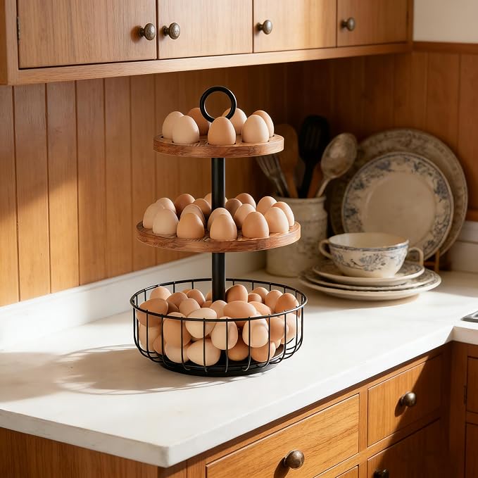 3-Tier 360° Rotating Egg Holder with Basket, Holds 64+ Eggs | Rustic farmhouse egg rack, 3-tier 360° rotating; ventilated wooden trays, metal basket. Holds 24+40 eggs. - Image 5