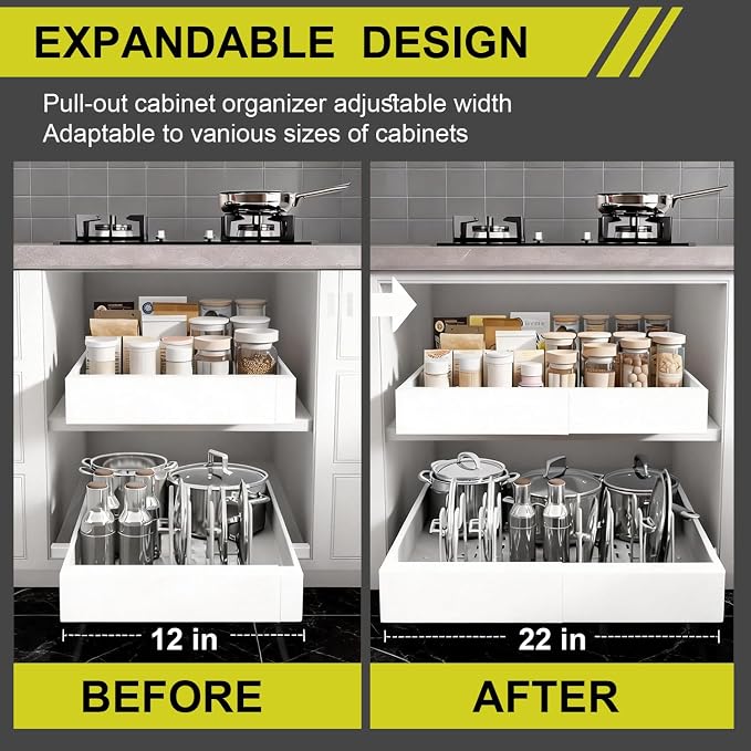 21" Deep Pull Out Cabinet Organizer, 12-22 Inch Expandable Drawer, 4 Pack | Basket adjusts 12"-22" wide; designed for cabinet interiors over 13" wide and 21" deep. 3 rails pull out up to 12". - Image 3