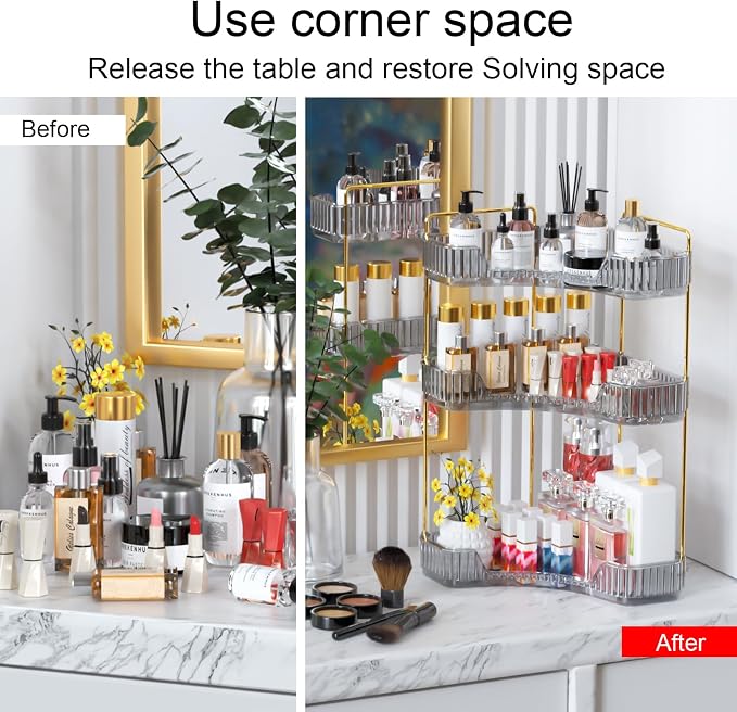 GTI 3-Tier Corner Bathroom Counter Organizer, Large Capacity Makeup Organizer Countertop, Perfume Cosmetics Skincare Vanity Organizers, Exquisite Countertop Storage for Women (Gray) - Image 4
