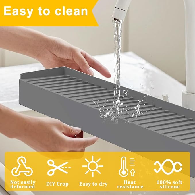 Silicone Sink Edge Protectors - Multifunction Accessories, Splash Guard & Draining Mat for Kitchen, Bathroom Sink, Steel, Granite, Quartz Countertops (Gray, 4 * 24in) - Image 6