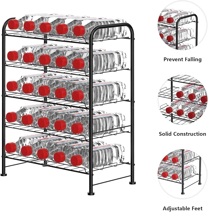 OYEAL Plastic Water Bottle Storage Rack 5 Tier Bottled Water Holder Organizer Freestanding Floor Small Beverage Soda Drink Stand Shelf for Kitchen Pantry Can Storage, Hold 30 Bottles, Black - Image 3