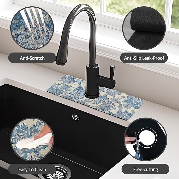 15" X 5.5" Kitchen Sink Splash Guard Faucet Mat Floral Super Absorbent Fast Drying Faucet Guard & Draining Mat Sink Splash Guard Behind Faucet for Kitchen, Bathroom - Image 6
