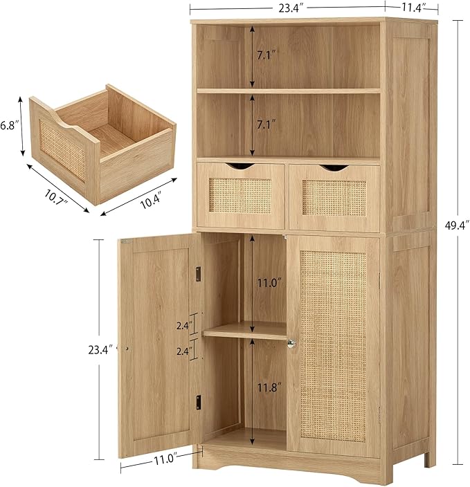 Iwell Tall Storage Cabinet, Rattan Cabinet with 2 Drawers & Adjustable Shelf, Kitchen Pantry Storage Cabient, Entryway Cabinet for Living Room, Dining Room, Home Office, Natural - Image 3