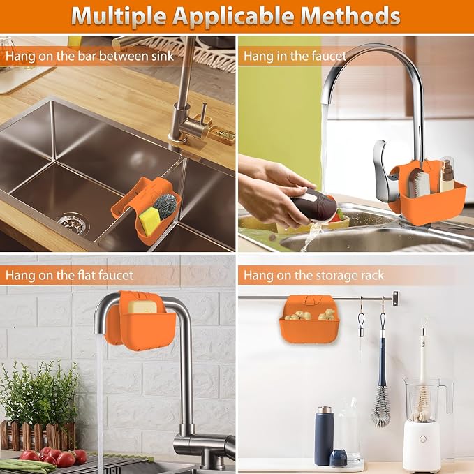 Sponge Holder for Kitchen Sink, Silicone Sink Saddle Caddy Organizer Rack, Sponges Holder Over Faucet, Hanging Kitchen Organizer Accessories Rack Basket - Orange - Image 5