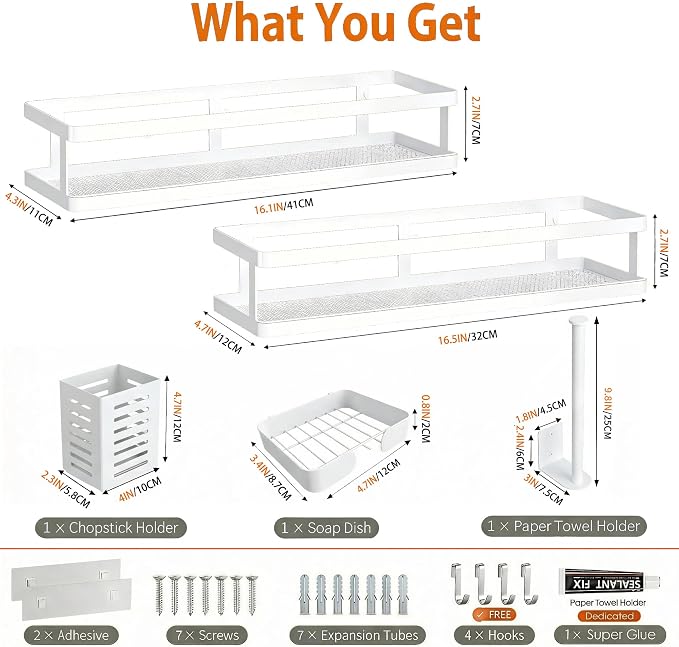 PUSDON 5-in-1 16.5" Extra Long Kitchen Organizer & Shower Caddy Set, Wall Mount Spice Rack with Paper Towel Holder, Utensil Holder & Soap Dish, Rustproof Mesh - White, Guardrail - Image 2