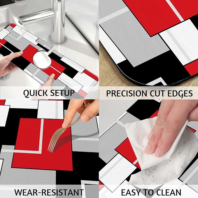 MCALK Geometric Red Kitchen Sink Faucet Mat Splash Guard, Absorbent Quick-Dry Kitchen Sink Mat - Ideal for Splash Guard & Drip Catching with Modern Art Decor( 1pc 15"x5.5") - Image 4