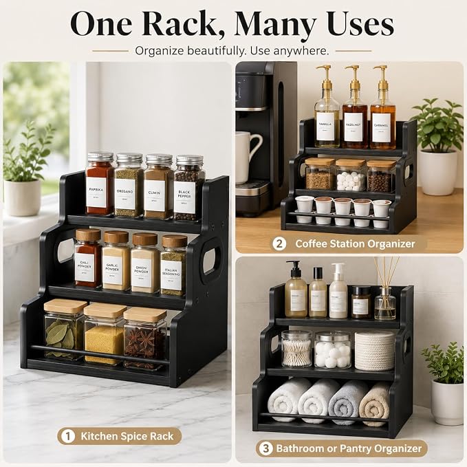 3 Tier Spice Rack Organizer for Cabinet, Wood Spice Shelf Storage, Kitchen Seasoning Organizer for Kitchen Countertop or Pantry, Spice Bottles, Bottles, Black - Image 7