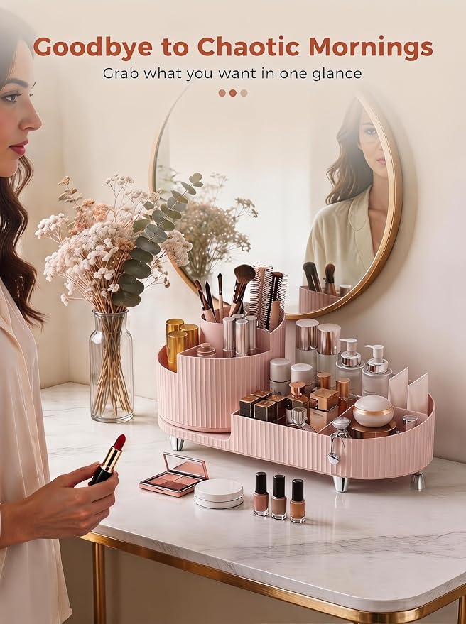Booklov Rotating Makeup Organizer for Vanity Countertop, Pink | Plastic Cosmetic Display Case, Large Beauty Brush Holder for Bathroom Counter, Skin Care Perfumes Storage - Image 5
