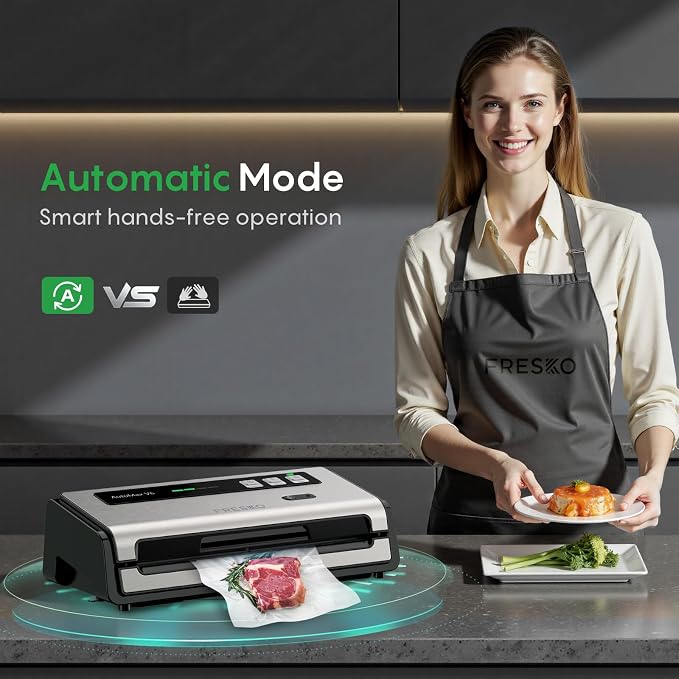 FRESKO Food Vacuum Sealer with Automatic Bag Detection & Built-in Cutter | 0.2-inch Widened Heating Strip for Meal Prep & Sous Vide Cooking, Built-in Bag Roll Storage, 1 Roll Bag & 10 Pre-Cut Bags - Image 4