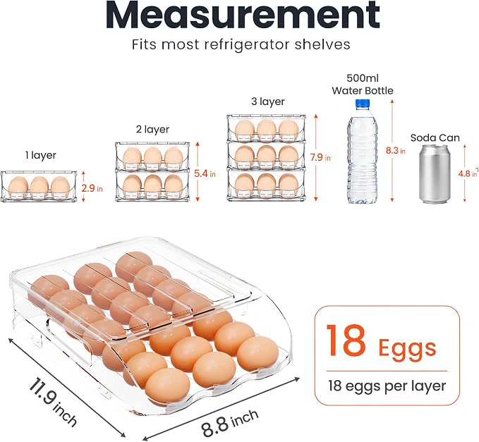 SMRCAD 18-Egg Dispenser with Silicone Bumpers, Auto-Rolling, Stackable | BPA-free food-grade PET | Stackable with lid | Built-in handle | 11.92"L x 8.85"W x 2.9"H | Hand wash only - Image 7