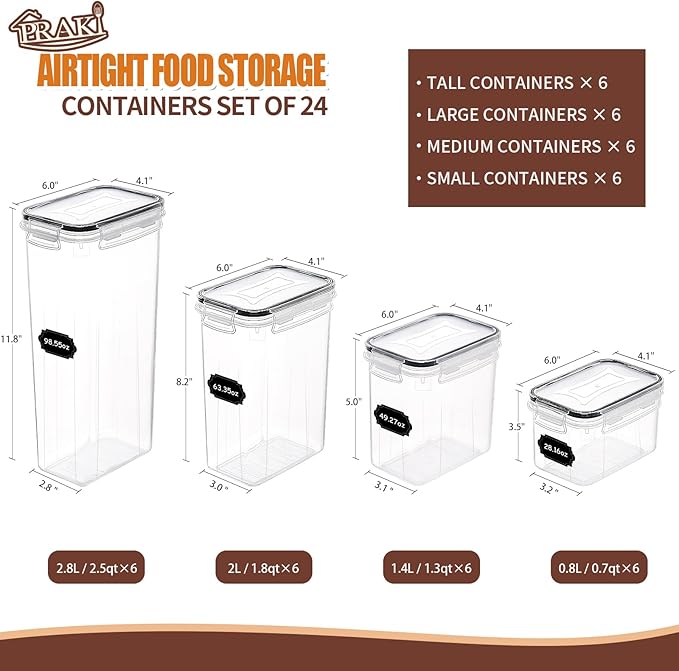 PRAKI Airtight Food Storage Containers Set with Lids - 24 PCS, BPA Free | Multiple Sizes Cereal Containers Storage Set, Pantry Organizers and Storage for Cereal Flour & Sugar - Labels & Marker (Grey) - Image 2
