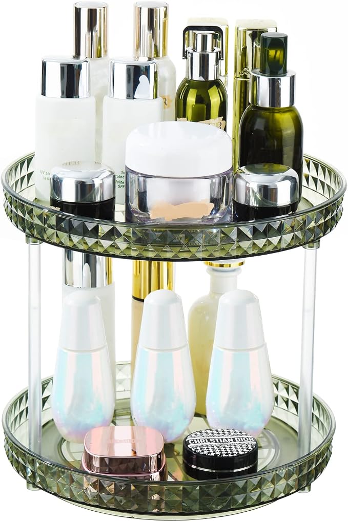 2 Tier Diamond Lazy Susan Bathroom Organizer Countertop, 9.25Inch Clear 360 Rotating Makeup Organizer for Cabinet, Kitchen, Pantry, Countertop, Bathroom, Skincare Perfume Organizer and Storage by ANNIYA