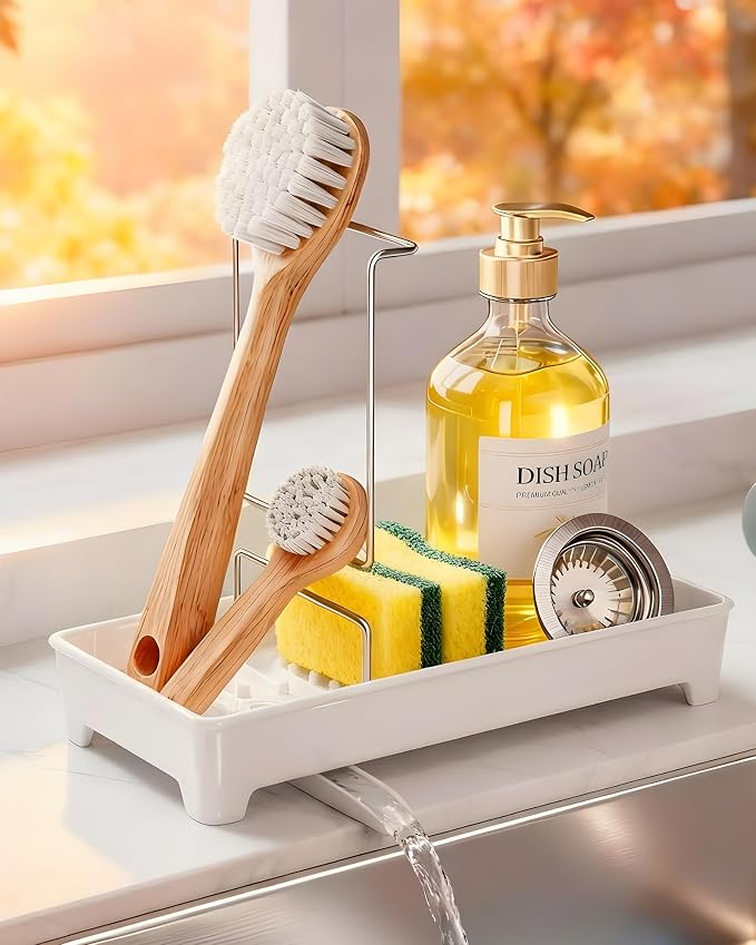 Minimalist Sink Caddy, Rustproof Sponge Holder for Kitchen Sink White | Large Rustproof countertop organizer with 304 stainless steel brush holder, raised ridges and silicone drain tube by Unknown