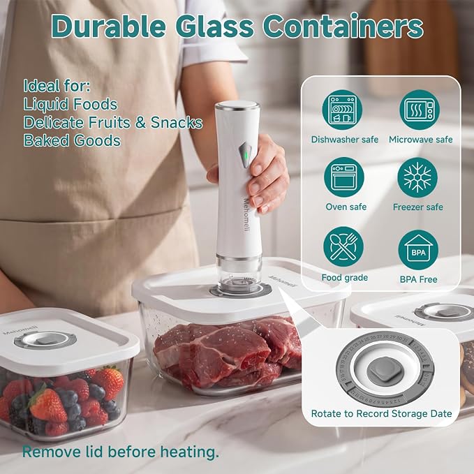 Compact Vacuum Sealer Set with 3 Glass Containers and 30 Bags | Powerful 60 kPa suction, Keeps food fresh up to 6X longer, Ideal for meal prep, Durable borosilicate glass containers - Image 2
