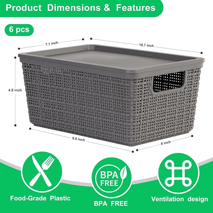 6 Pack Plastic Storage Baskets with Lid,Grey Stackable Bins | Durable Woven Plastic With handle Breathable,Save space,For Organizing Desktops, Closets, Playrooms, Classrooms, Offices - Image 3