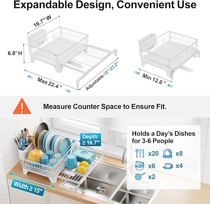 Expandable Dish Drying Rack - Countertop with Sink Extension, White | 12.6"-22.4" Adjustable Length, Extra Drying Space, Auto-Drain Spout, Large-Capacity, Removable Utensil Holder, Rust-Resistant - Image 4