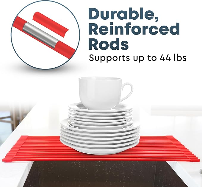 Zulay Kitchen Large Roll Up Dish Drying Rack - Heavy Duty Silicone Wrapped Steel Rods Over Sink Dish Drying Rack - Versatile Roll Up Sink Drying Rack & Trivet - Red,20.5 inches x 13 inches - Image 6