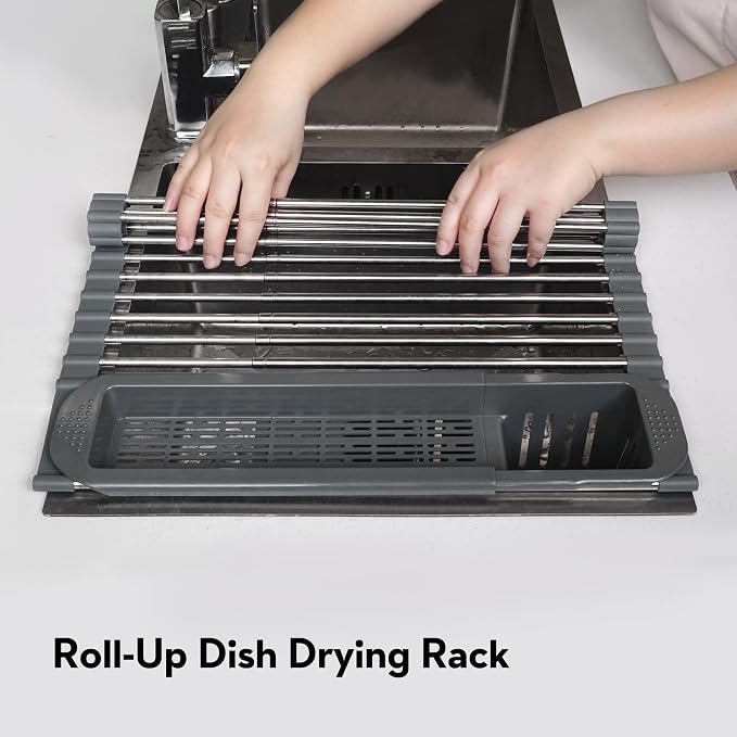 Roll Up Dish Drying Rack Over The Sink, 304 Stainless Stee Dish Drainer, Foldable & Adjustable Sink Drying Rack for Kitchen Sink Counter with Utensil Holder (Gray, Roll Up,Medium,Expandable) - Image 5