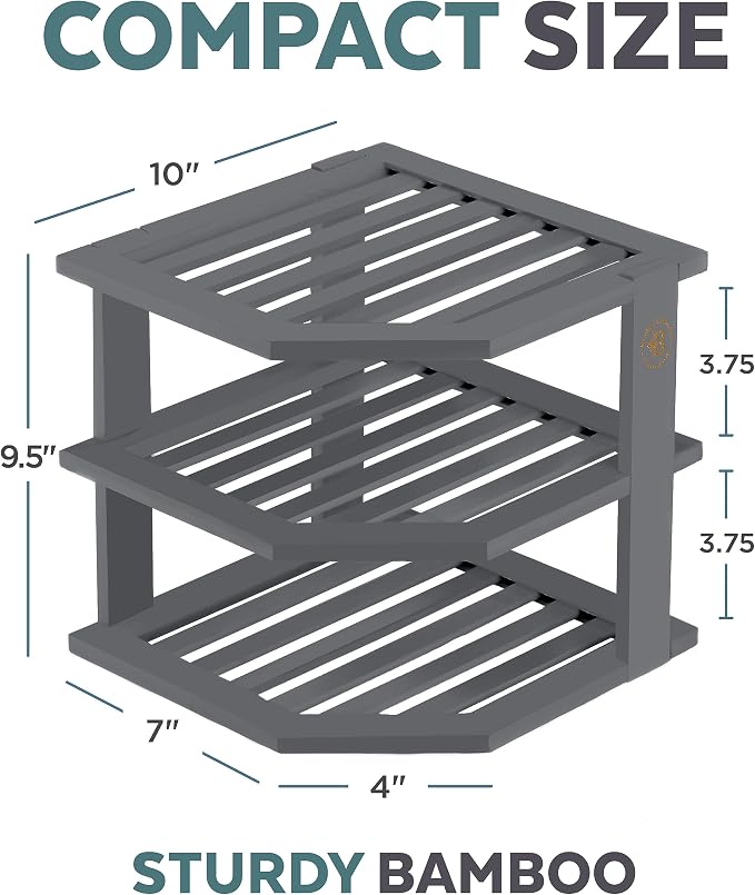 Grey Plate Organizer for Cabinet - 3 Tier Gray Bamboo Corner Cabinet Organizer Shelf for Plates Bowls Mugs Cups, Kitchen Cabinet Organizer, Cabinet Shelf Organizer, Countertop Rack, 10 x 10 x 9.5 Gray - Image 3