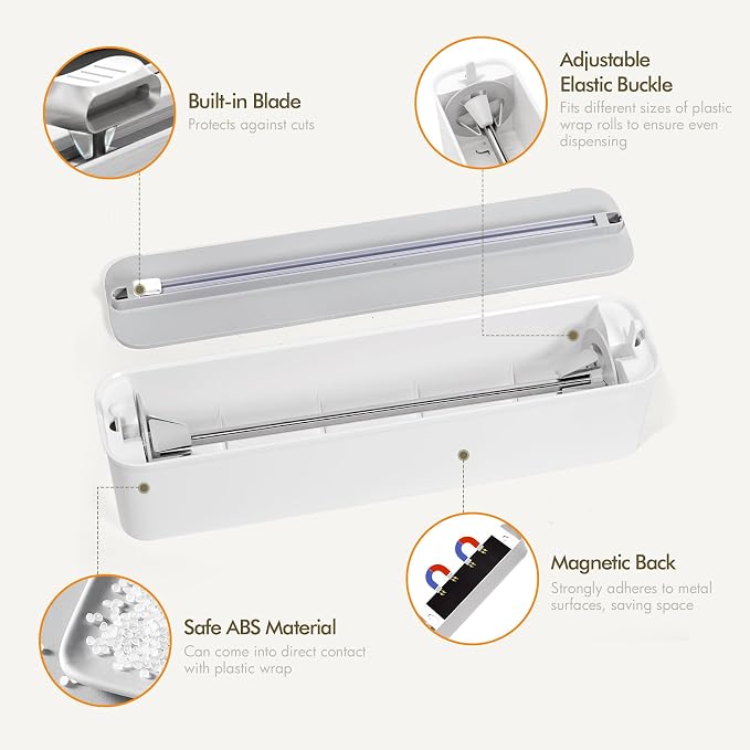 Aluminum Foil & Plastic Wrap Dispenser with Cutter - Magnetic & No-Drill Wall Mount, Cling Film Dispenser for Countertops & Cabinets, Space-Saving Kitchen Organizer - Fits 150 m Rolls, White - Image 7