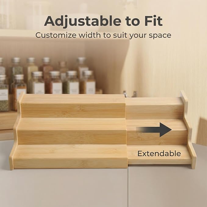 JinDoWin Spice Rack Organizer for Cabinets,Countertop & Pantries | Expandable design, 3-Tier stepped bamboo spice shelf, seasoning organizer, pantry organizers and storage - Image 7