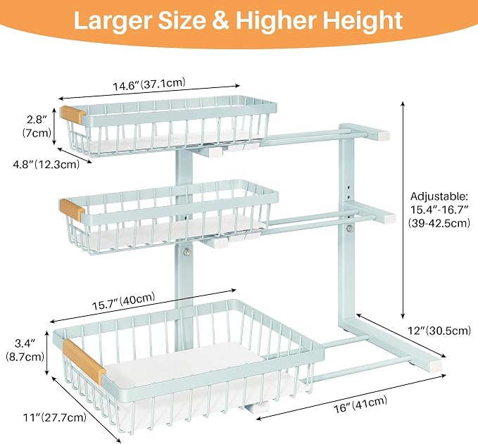PXRACK Under Sink Organizer, 1-Pack 3-Tier Height Adjustable Thickened Metal Pull out Cabinet Organizer Shelf, Slide out Storage Drawer Rack for Bathroom Kitchen Pantry Home Organization, LightBlue - Image 8