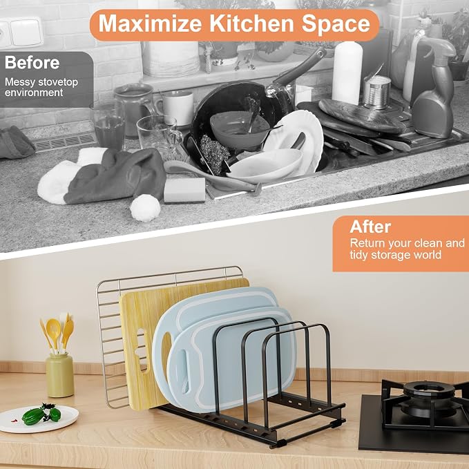 TEAMOLA Metal Cutting Board Organizer - Adjustable Bakeware Rack 1-Pack | Black Metal Kitchen Rack Organizer, Adjustable Holder Fits Pans Lids Sheets, Cabinet Counter Under Sink Caddy with 7 Slots - Image 5