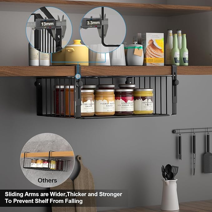 AmonHouseware 2Pack Under Shelf Storage Basket Organizer, Black | Adjustable Hanging,Under Cabinet Add-on, Slide-in Baskets, for Laundry Room Kitchen Pantry Desk Bookshelf Counter Cupboard - Image 3