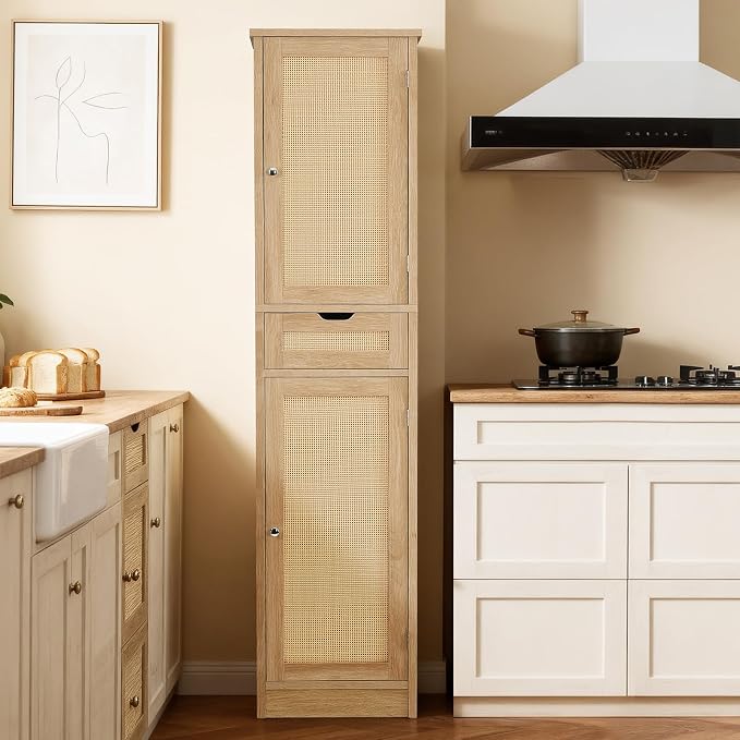 Iwell Tall Narrow Storage Cabinet with Doors, Rattan Cabinet with Adjustable Shelves, Freestanding Linen Storage for Living Room, Entryway, Kitchen, Bathroom, Natural - Image 6