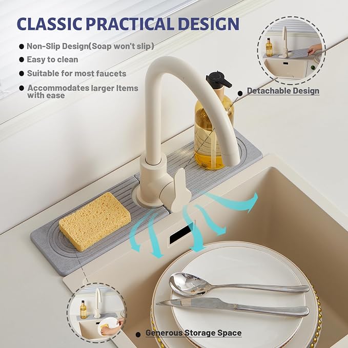 Fast Drying Stone Faucet Mat for Kitchen Sink stone quick dry around faucet | Sink Splash Guard Water Absorbing Stone Tray for Sink, Counter Protector Matt for Kitchen & Bathroom - Image 4