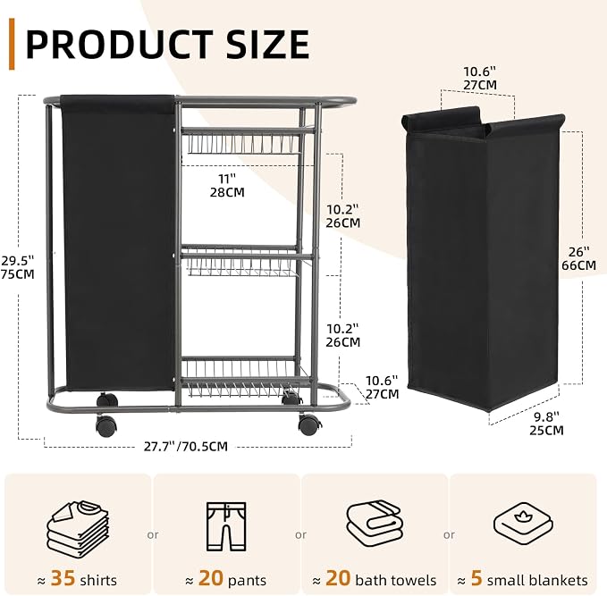 3-Tier Rolling Laundry Cart with Wheels and 45L Bag, Black | Between Washer and Dryer, Heavy Duty, For Narrow Space Laundry Room Bathroom Bedroom - Image 2