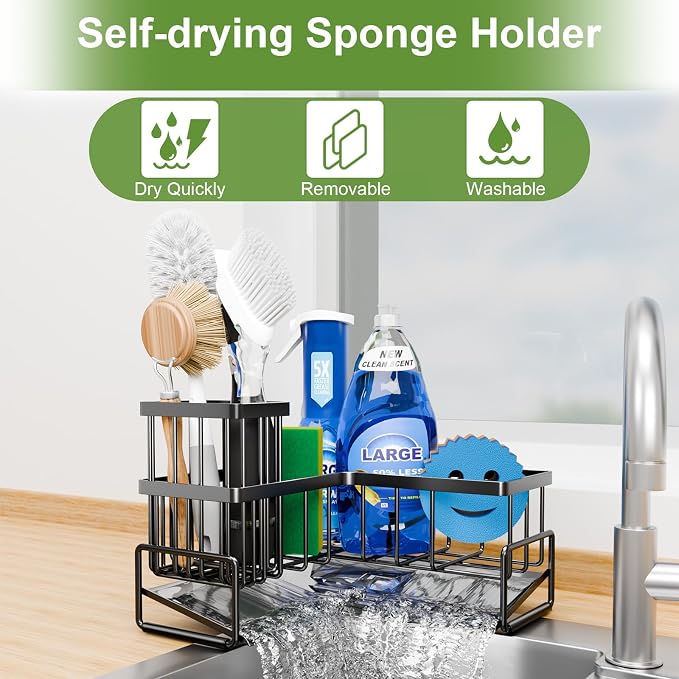 Fikoksol Large Sponge Holder for Kitchen Sink, 90-Degree Sink Caddy Storage | Self Draining Sponge Rack for Countertop, Metal L-Shaped Dish Soap Organizer with Brush Holder, Corner Sink Storage Ideas - Image 6