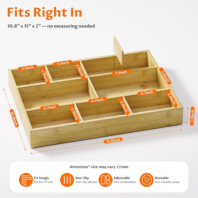 Bamboo Drawer Organizer with 9 Adjustable Compartments, Desk Storage Tray | Natural Bamboo, Flexible Modular Trays, Water-Resistant, Adjustable, Excellent Organization, Easy to Clean, Non-Slip Design - Image 2