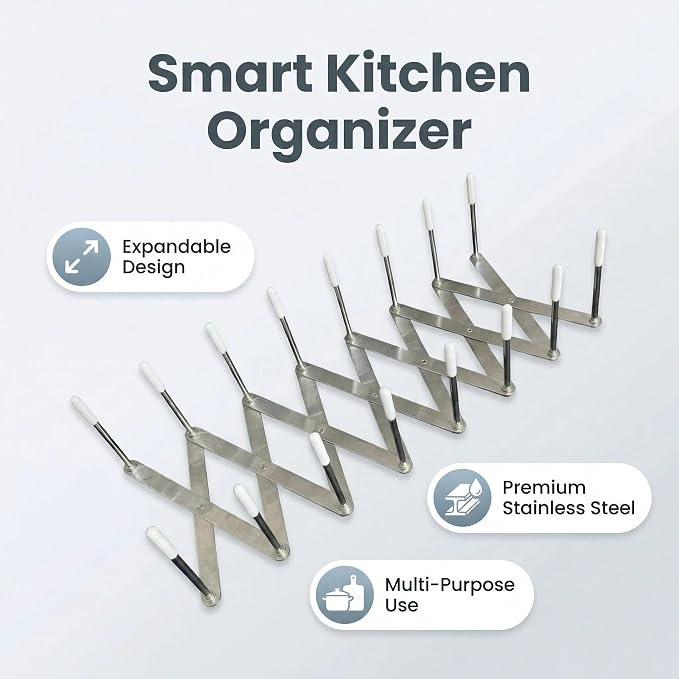 Expandable Pot Lid Organizer, Multi-Use Kitchen and Bathroom Wall Holder | Organizes pot lids, plates and cutting boards, or mounts on kitchen and bathroom walls to hold utensils, cloths and towels. - Image 7