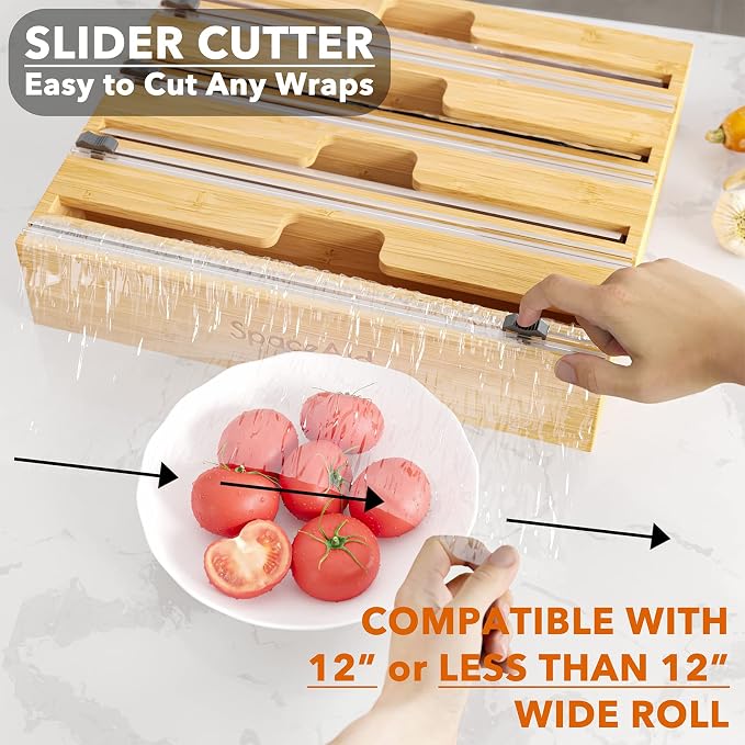 SpaceAid WrapNeat 4 in 1 Wrap Dispenser with Cutter and Labels, Plastic Wrap, Aluminum Foil and Wax Paper Dispenser for Kitchen Drawer, Bamboo Roll Organizer Holder, Compatible with 12" Roll - Image 6
