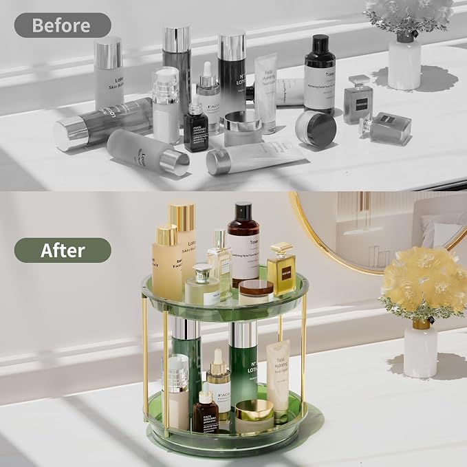 Rotating Makeup Organizer, Perfume Skincare Holder, 2 Tier 9 Inch, Green | 360° Smooth Spinning Vanity Tray, Large Capacity, Space-Saving Cosmetics Storage for Bathroom Countertop, Dresser - Image 4