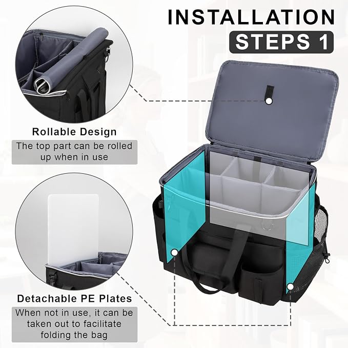 Large Rolling Cleaning Caddy with Wheels, Cleaning Supplies Organizer | With Detachable Trolley, Water-resistant Cleaner Cart for Housekeepers, Multi Pocket Cleaning Cart with Strap, Black - Image 3