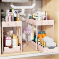 Simple Trending Under Sink Organizer 2 Pack, with Sliding Drawer, Pink | 2-Tier Multi-Use Under Shelf Organizer with Hooks, Sink Pull-Out Sliding Storage Cabinet for Kitchen Bathroom, Easy Assembly by SimpleTrending
