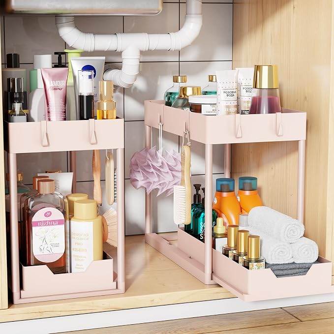 Simple Trending Under Sink Organizer 2 Pack, with Sliding Drawer, Pink | 2-Tier Multi-Use Under Shelf Organizer with Hooks, Sink Pull-Out Sliding Storage Cabinet for Kitchen Bathroom, Easy Assembly by SimpleTrending