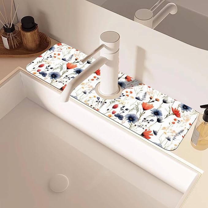 Watercolor Red and Blue Flowers Sink Faucet Absorbing Mat Sink Splash Guard Faucet Mat Draining Mat Fast Drying Sink Protectors for Kitchen and Bathroom 5.5"×15" - Image 2