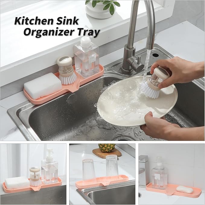 MicoYang Silicone Soap Dish with Drain Spout — Self-Draining Double Sink Organizer Tray for Kitchen & Bathroom, Dispensers, Sponges & Soap Holder, Non-Slip & Dishwasher Safe, Pink (Large, 12"×4") - Image 5