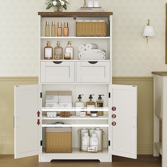 Storage Cabinet with Doors & 2 Drawers, Kitchen Cabinet with Adjustable Shelf, Pantry Cabinets, Bathroom Cabinets, for Living Room, Entryway, Home Office, White - Image 4