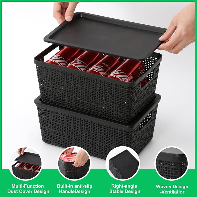 6 Pack Plastic Storage Baskets with Lid,Black Stackable Bins | Durable Woven Plastic With handle Breathable,Save space ,For Organizing Desktops, Closets, Playrooms, Classrooms, Offices - Image 4